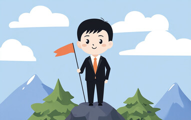 A cheerful businessman standing proud on a hilltop, holding a red flag in a cartoon style, symbolizing leadership and achievement.