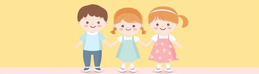Happy children holding hands, yellow background, friendship, preschool