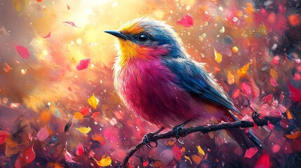 Abstract animal little Bird portrait with multi colored colorful on wings and feathers paint, Vibrant bright gradients tone