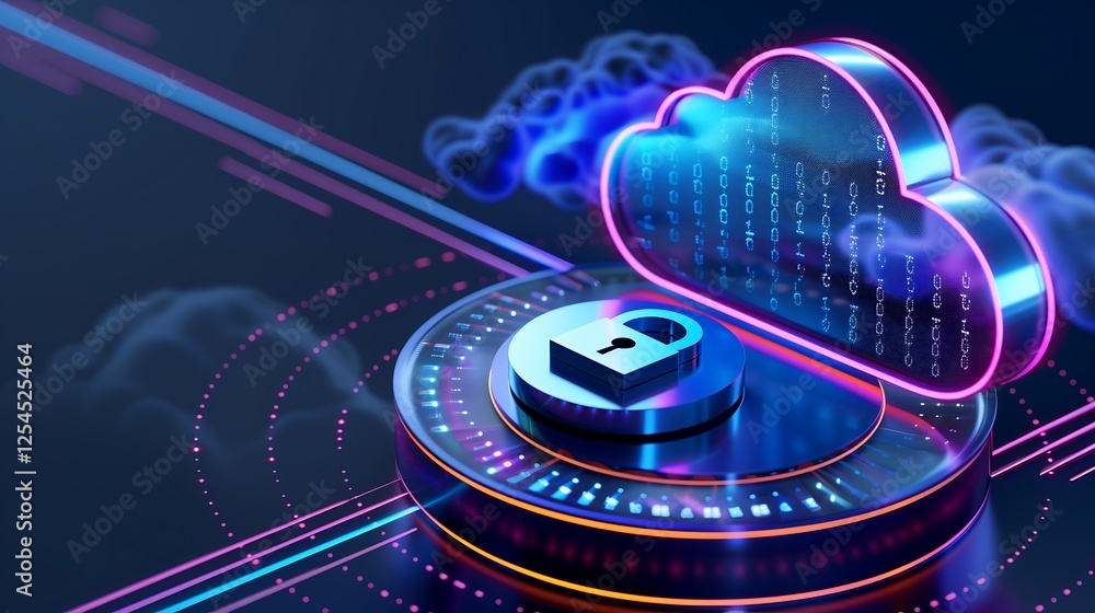 Poster a secure cloud database with encrypted data streams flowing through holographic interfaces, featurin