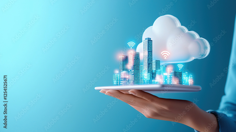 Aufkleber hand holds digital tablet displaying futuristic cityscape with glowing skyscrapers and cloud computi