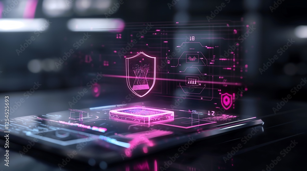 Poster encrypted financial transactions displayed on a futuristic augmented reality screen, with digital se
