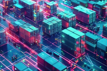 Real-time product certification workflows managed holographically in serene logistics hub.