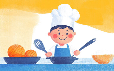 A cheerful young chef happily cooking with a spatula, surrounded by fresh ingredients, showcasing the joy of culinary creativity.