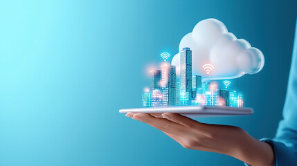 hand holds digital tablet displaying futuristic cityscape with glowing skyscrapers and cloud computing symbols, representing smart city technology and AI driven security