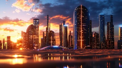 Obraz premium Futuristic city skyline at sunset reflecting in water with orange and blue hues vibrant scene