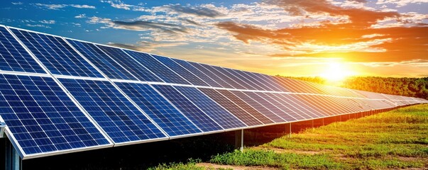 Solar panels array field under bright sunset sky renewable energy source for sustainable future