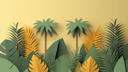 Vibrant Paper-Cut Tropical Foliage with Palm Trees Against a Warm Golden Background Ideal for Nature-Themed Designs and Illustrative Projects.