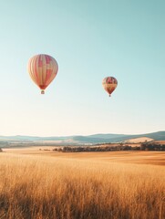 Obraz premium Hot air balloons gracefully soaring over golden fields in a serene landscape during early morning hours. Generative AI
