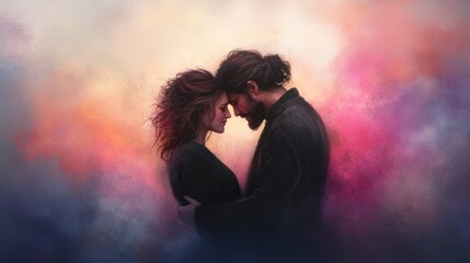 A romantic moment shared between a couple, set against a vibrant, colorful background that enhances...
