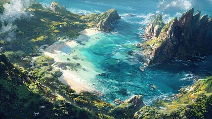 Serene Island Vista with Turquoise Waters and Lush Greenery Coastal Paradise Artwork