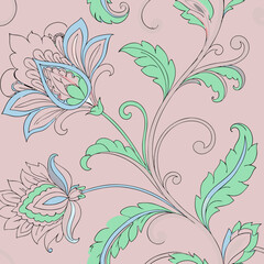 Rococo ornamental floral design with swirling green vines and delicate flowers on pastel background