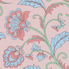 Rococo artistic floral wallpaper pattern with pastel pink and blue flowers and detailed swirls