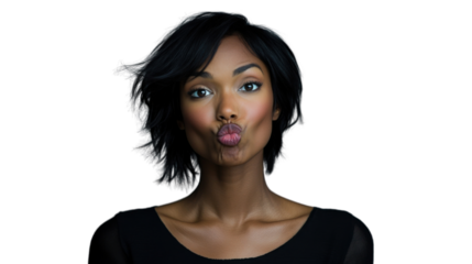 Beautiful black woman blowing a kiss on transparent background