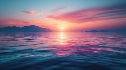 Obraz premium Serene Sunset Over the Ocean with Silhouetted Mountains