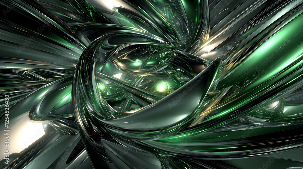 Poster abstract green and black design featuring a celestial swirl with glowing elements and intricate patt