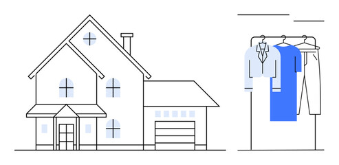 House with detailed windows, chimney, and garage next to clothes on a rack with shirts and pants. Ideal for home decor, interior design, architecture, fashion, lifestyle, real estate modern living