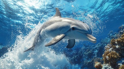 Fototapeta premium Dolphin swimming gracefully through vibrant coral reef in clear blue ocean waters