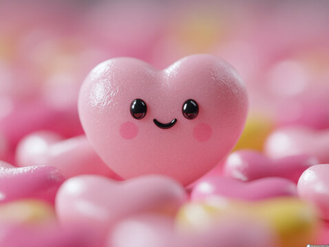 A cute pink heart character surrounded by colorful candy hearts, symbolizing love and affection.
