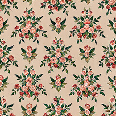 Rococo delicate floral wallpaper with tiny red flowers on beige background for vintage interior design