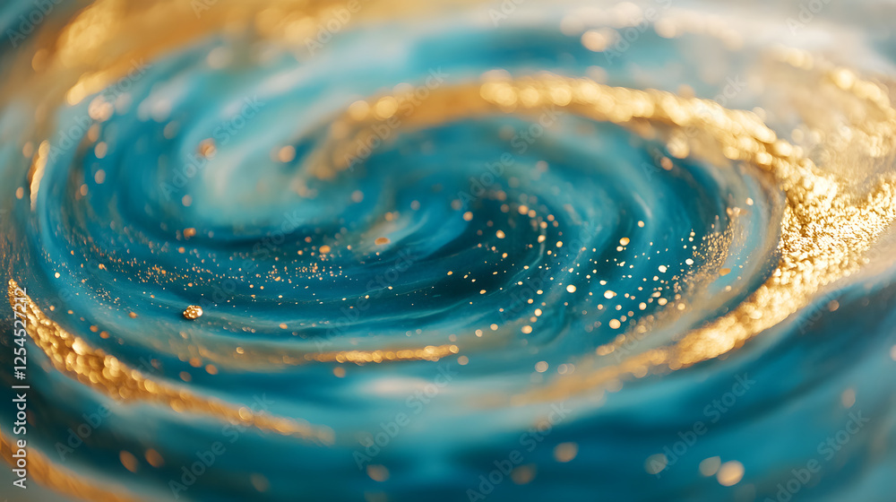 Poster close up of a blue and gold swirling pattern with a celestial glow and intricate details