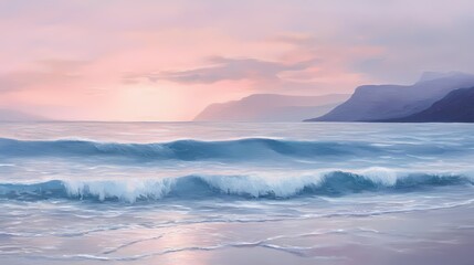 Naklejka premium Serene Seascape Painting of Ocean Waves at Sunset with Distant Mountains and Soft Pastel Sky