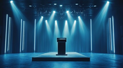 Podium on stage with blue lights shining down creating a dramatic and modern presentation