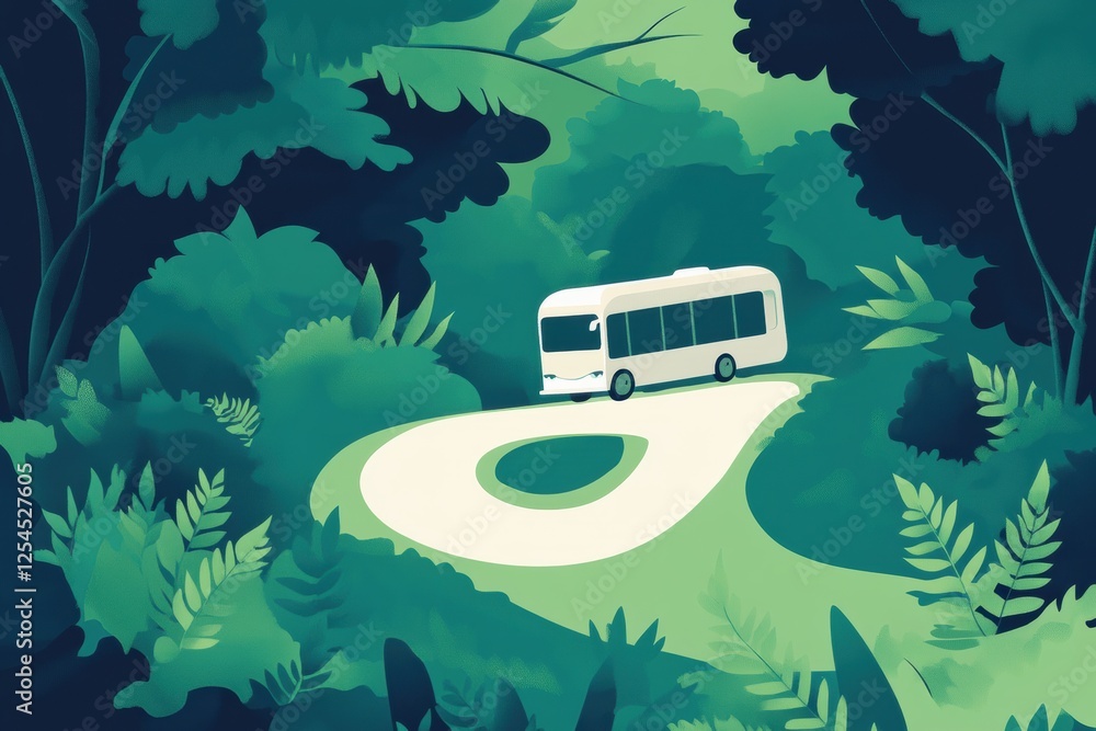 Poster experience scenic travel on a winding road with a tour bus surrounded by lush greenery in a peaceful