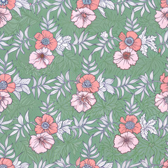 Rococo intricate floral pattern with pink roses and green foliage on decorative background for luxury wallpaper