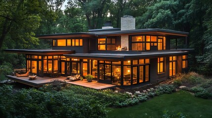 Luxury Modern House in the Woods at Dusk