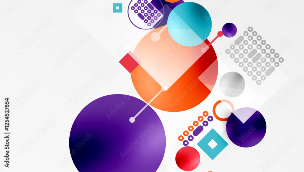 Poster Minimalistic abstract vector design, layered geometric shapes circles, squares, and triangles with soft pastel gradients and semi-transparent effects. Perfect for contemporary use