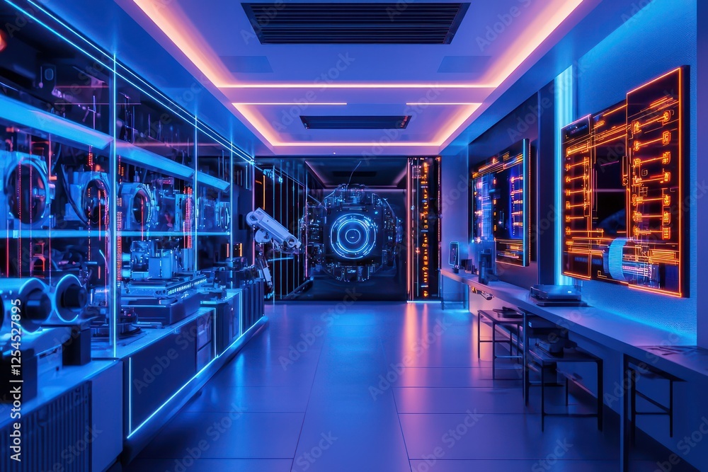 Poster tranquil technology hub where robots scan and analyze mechanical pieces.