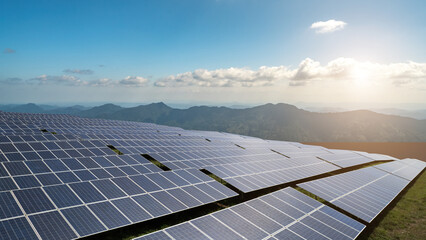 Stunning Solar Panel Installation on a Mountain Landscape at Sunrise