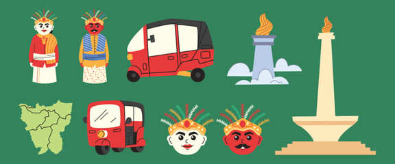 Jakarta Indonesia Objects for Jakarta Anniversary Celebration, Ondel-ondel, Monas, Bajaj Illustration