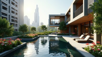 Obraz premium Spacious rooftop garden with lush greenery, water feature, and modern city skyline 