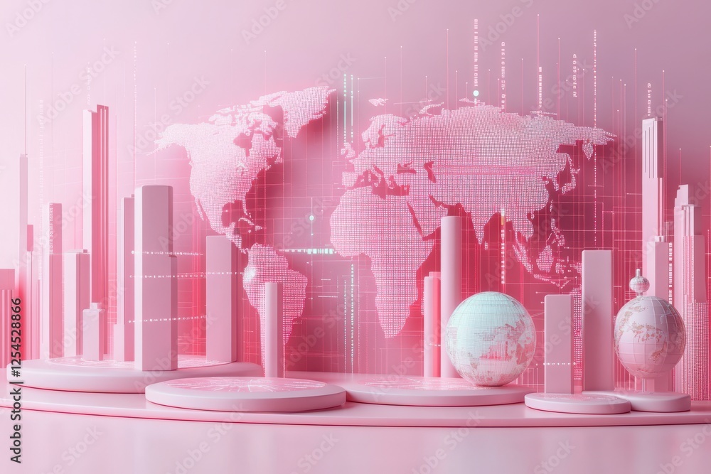 Aufkleber a modern, pink-themed digital representation of global data and statistics, featuring a world map an