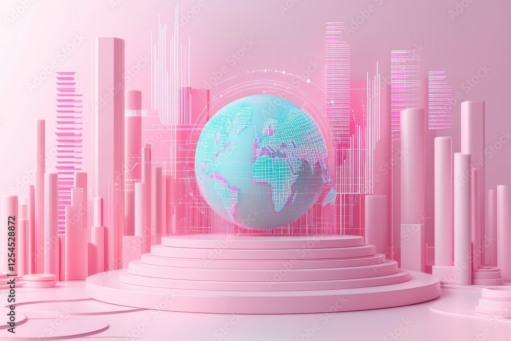 Poster a futuristic pink and teal digital landscape featuring a globe with data visualizations and towering