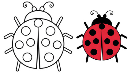 Obraz premium Coloring page of a ladybug with a colored example for kids, isolated on a white background. Perfect for children's fun activities, learning, and creative expression