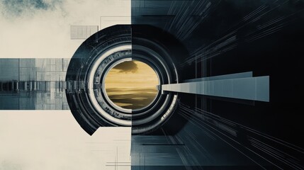 Fototapeta premium Abstract digital art depicting a futuristic portal revealing a serene landscape. Contrasting colors and textures create a captivating visual.