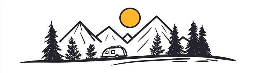Obraz premium A serene landscape featuring mountains, a camper, and a vibrant sun, perfect for adventure and nature enthusiasts.