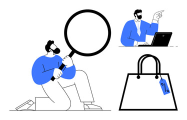 Magnifying glass held by a kneeling man, businessman pointing at a laptop, and shopping bag with price tag. Ideal for business analysis, online shopping, research, marketing, e-commerce, product