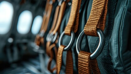 A close-up view of safety harnesses with metal rings inside an aircraft, showcasing the intricate details of the straps and buckles.
