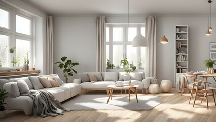 A modern, cozy living room with natural light, plants, and minimalist decor.