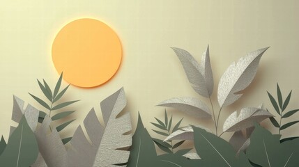 Vibrant Sun Over Stylized Leaves: Serene and Calm Nature Illustration for Eco-Friendly Projects and Design Inspiration