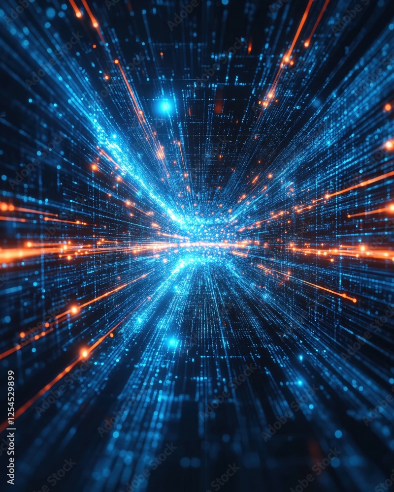 Poster abstract digital network with glowing lines and dots in blue and orange colors on dark background