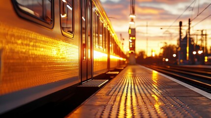 A sunset train station scene with glowing tracks and a train reflecting warm light, creating a serene and inviting atmosphere.