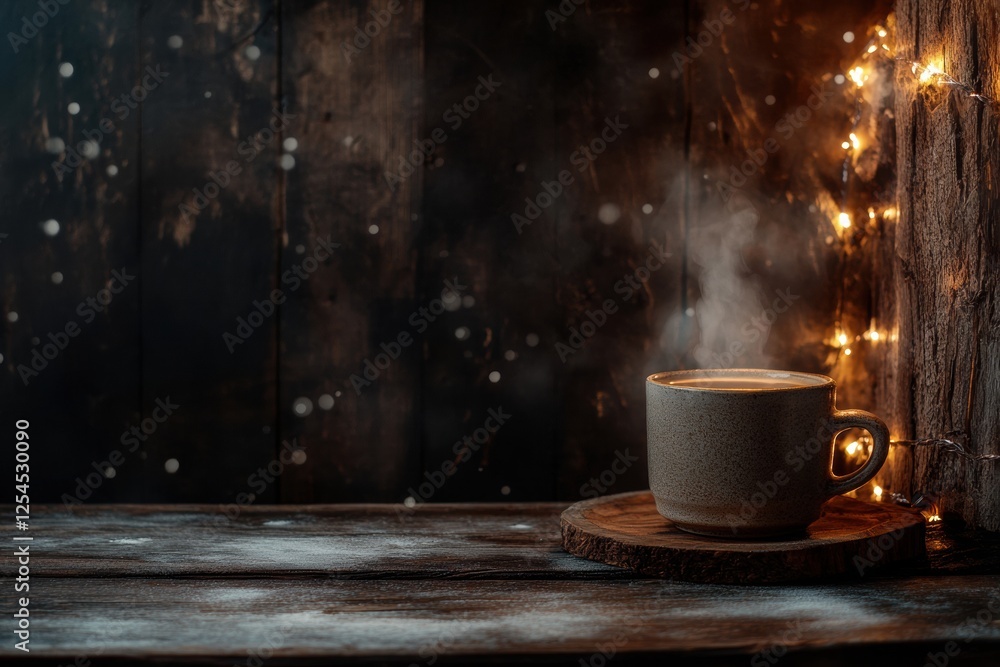 Poster Warm coffee cup resting on rustic wooden table with steam rising in a cozy atmosphere near soft glowing lights. Generative AI