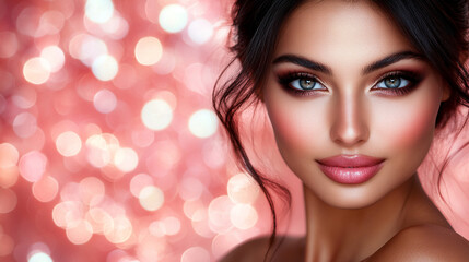 A beautiful Asian female model with traditional bridal makeup, showcasing regional customs in a modern, bright-toned setting. Background blurred with empty space for captions, symbolizing elegance and