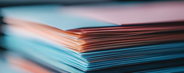 A close-up view of stacked, colorful paper sheets, showcasing a gradient of hues, emphasizing texture and organization.