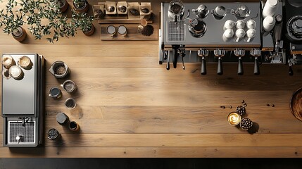 Overhead View of a Coffee Shop Espresso Machine and Barista Station